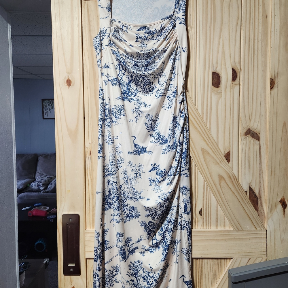 Blue Toile Print Cowl Neck Maxi Dress